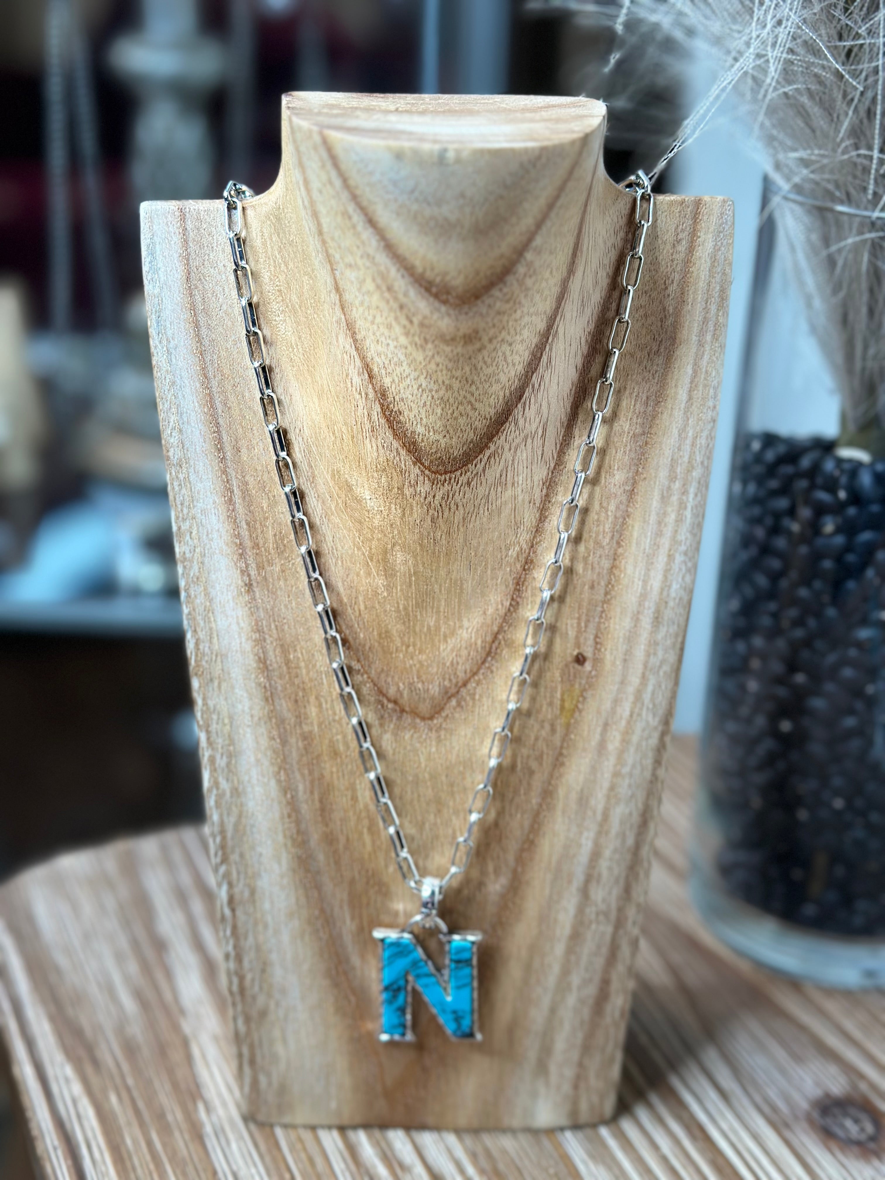 A-W Turquoise Antique Silver Letter Chain Necklace