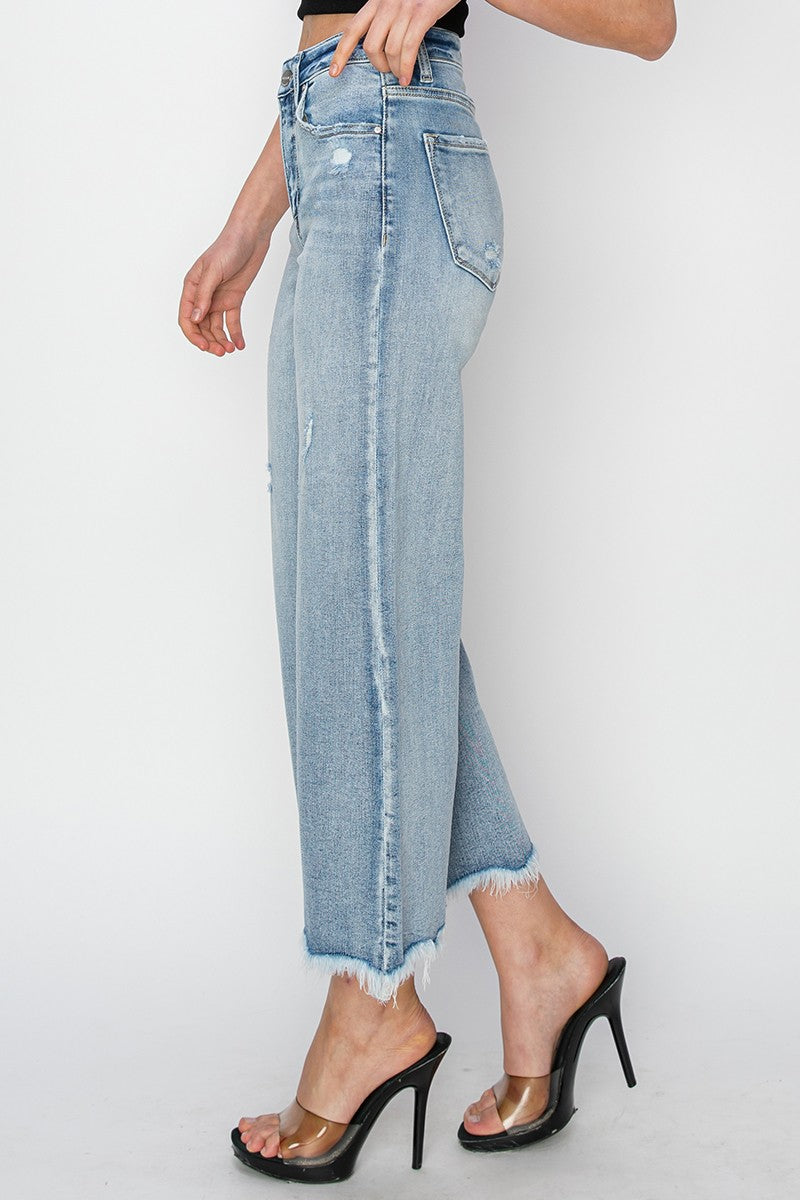 HIGH RISE FRONT PATCH POCKET ANKLE FLARE JEANS