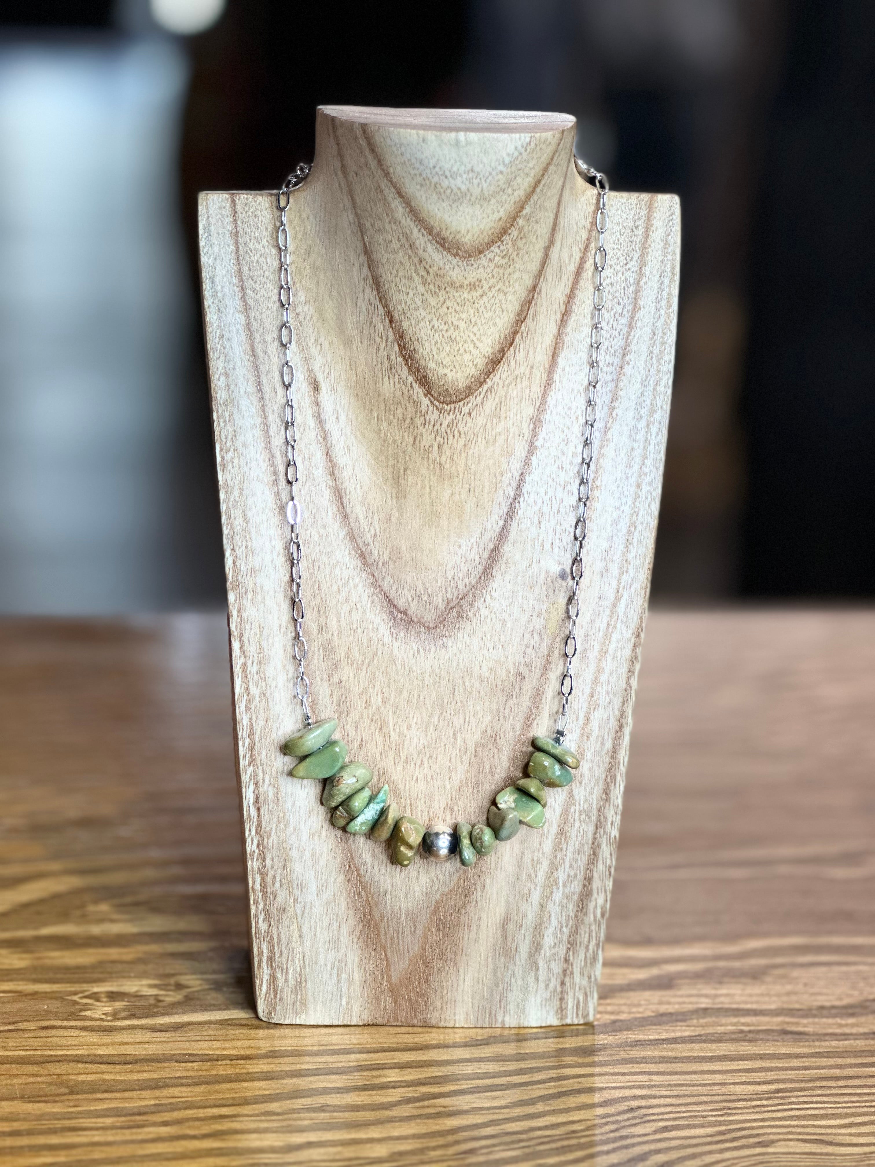 Green Turquoise Chip Necklace – Sterling Silver Pearl Accent – Paperclip Chain