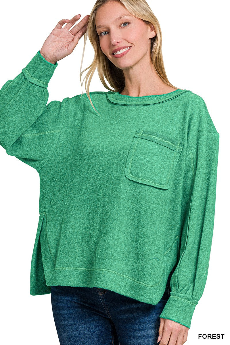 BRUSHED HACCI HI-LOW ROUND NECK SWEATER Forest Green