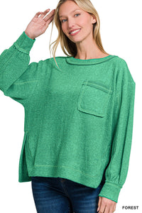 BRUSHED HACCI HI-LOW ROUND NECK SWEATER Forest Green