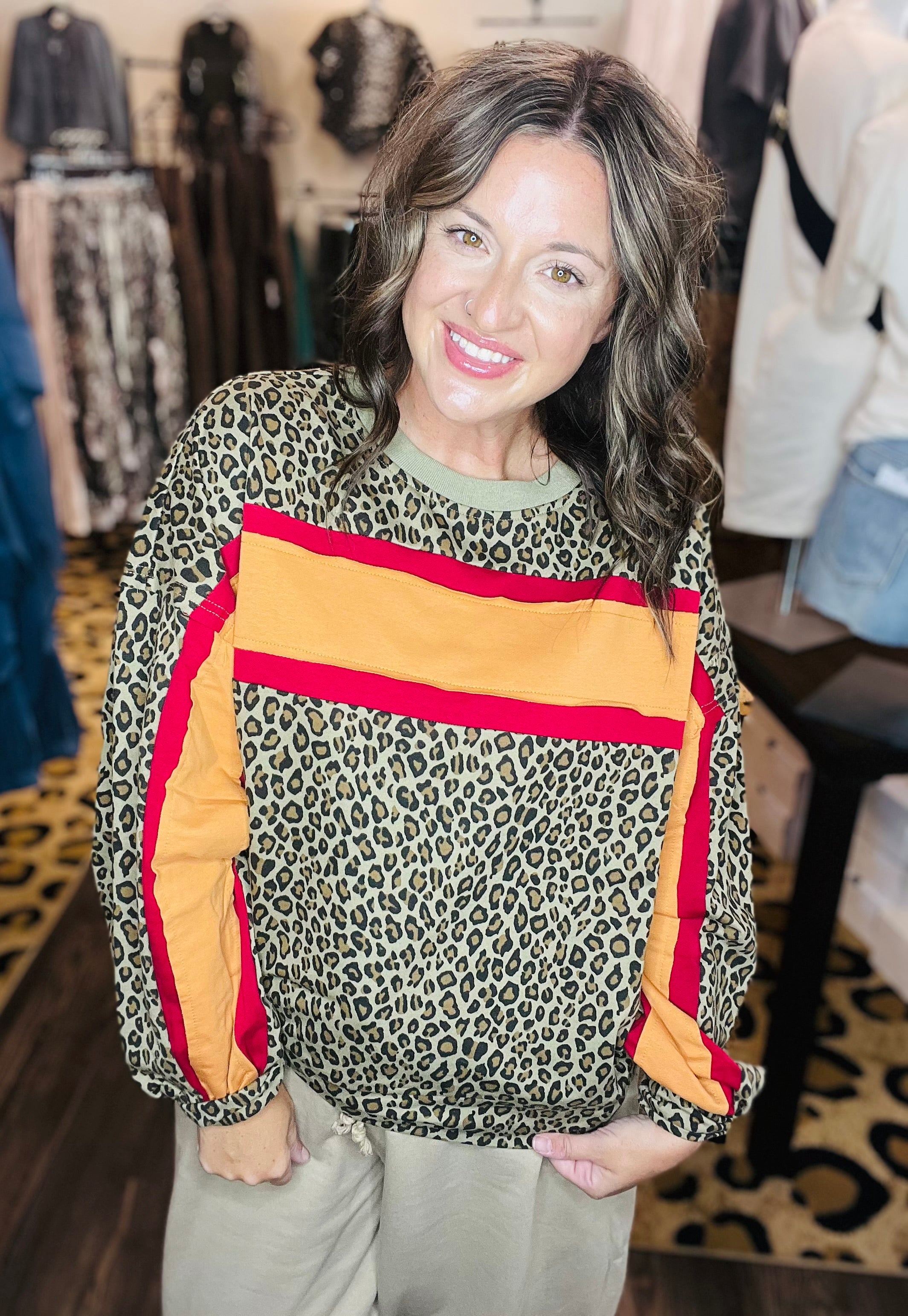 Bibi Leopard French Terry Color Block Top