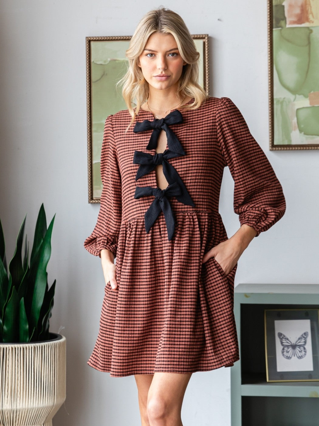 Print  Woven Ribbon Tie Dress