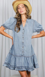 Load image into Gallery viewer, Vine &amp; Love ~ V-Neck Ruffle Hem 100%Tencel Chambray Midi Dress
