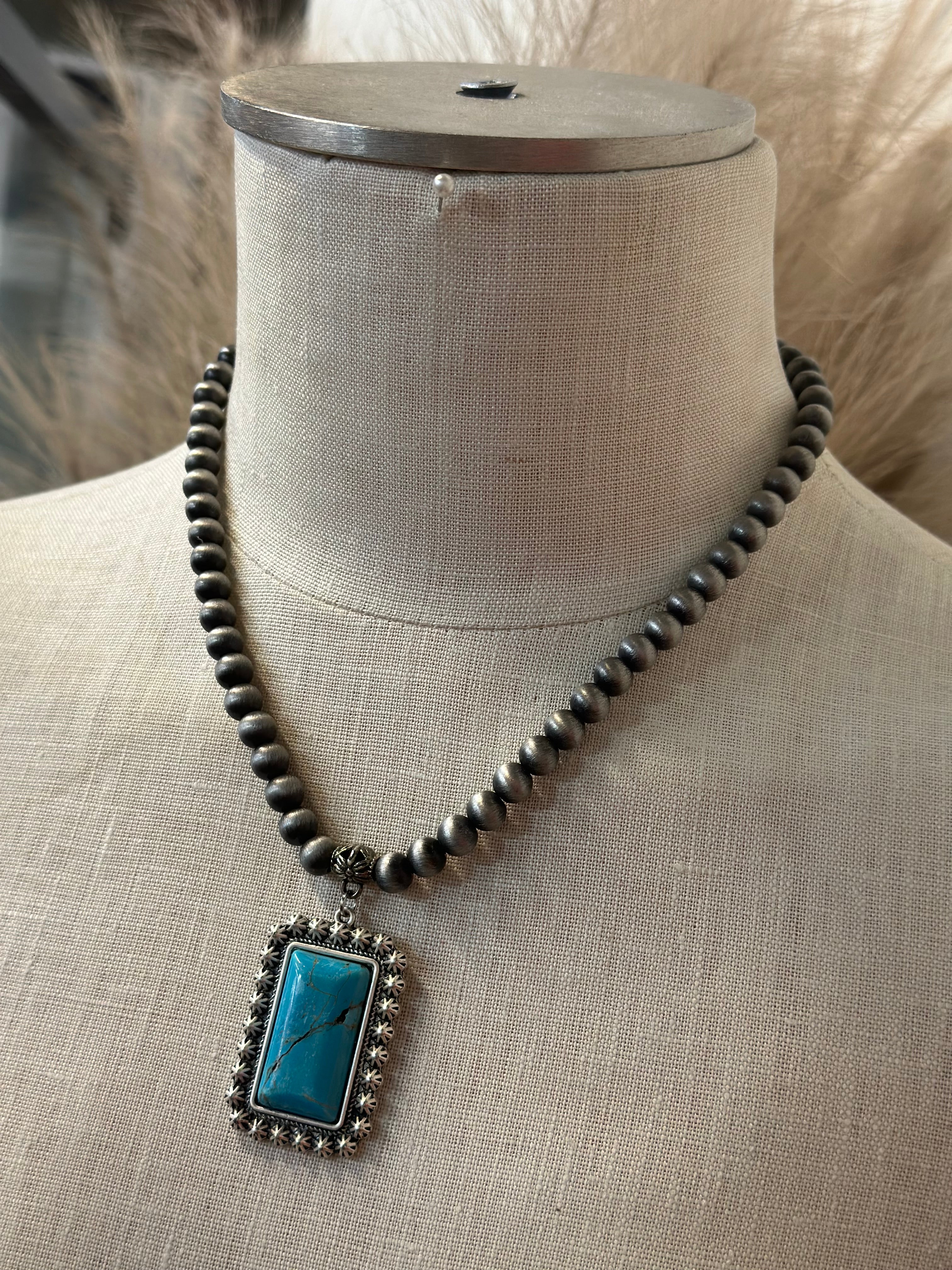 Navejo Pearl Turquoise Rectangle Necklace