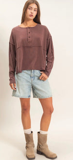 Load image into Gallery viewer, Double Zero ~ Oversized Henley Top with Raw Edges.              Colors: Brown or White

