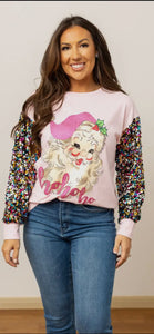 Pink Santa Sweatshirt with Sequin Sleeves