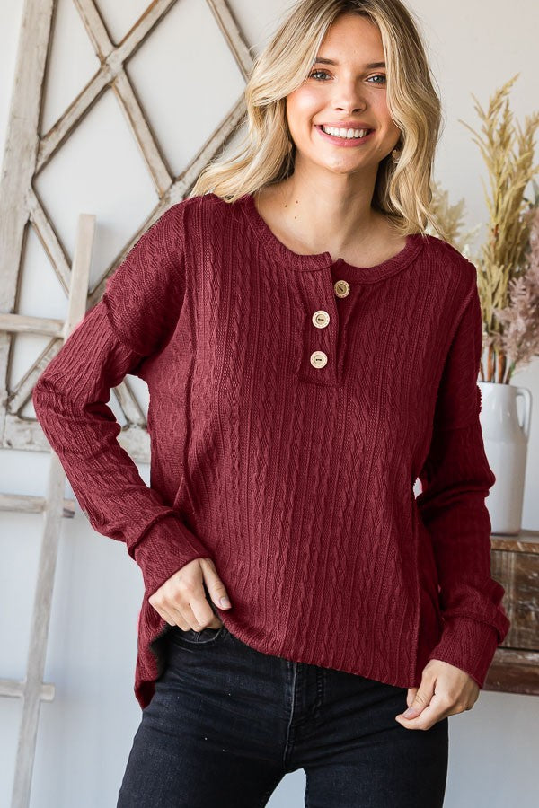 Cable Knit Button Front Top/Burgundy