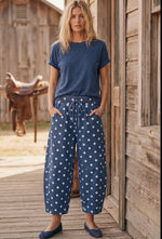 Load image into Gallery viewer, Polka Dot Denim Barrel Pant
