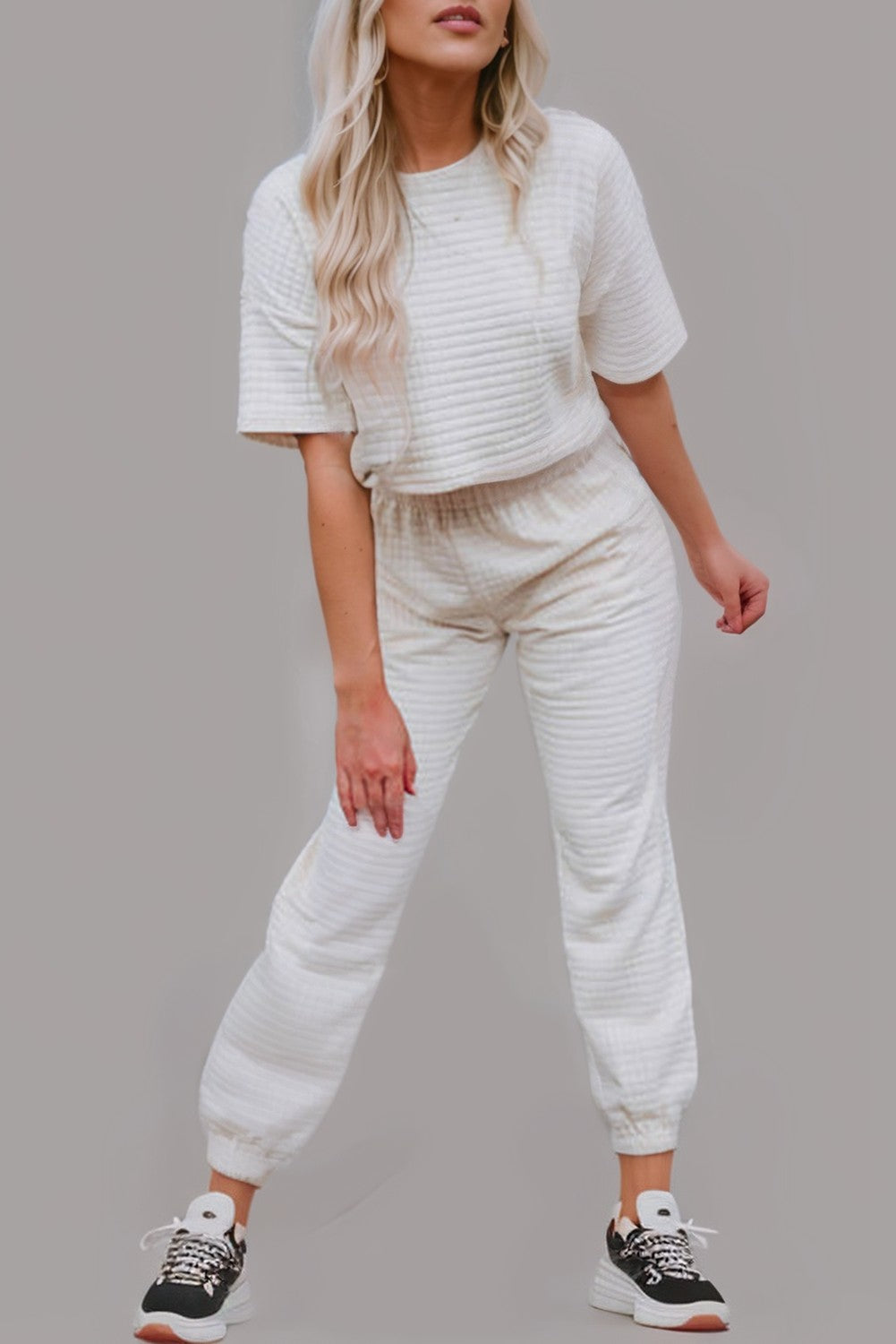 White Lattice Textured Crop Tee and Jogger Pants