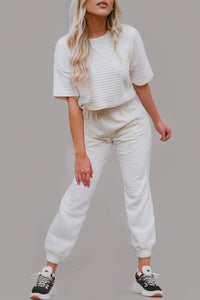 White Lattice Textured Crop Tee and Jogger Pants