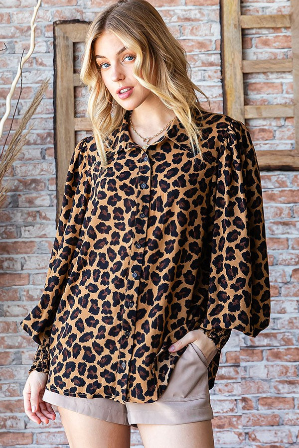 Leopard Collared with Balloon Sleeve Top