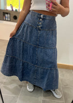 Load image into Gallery viewer, Risen Tiered Denim Maxi Skirt
