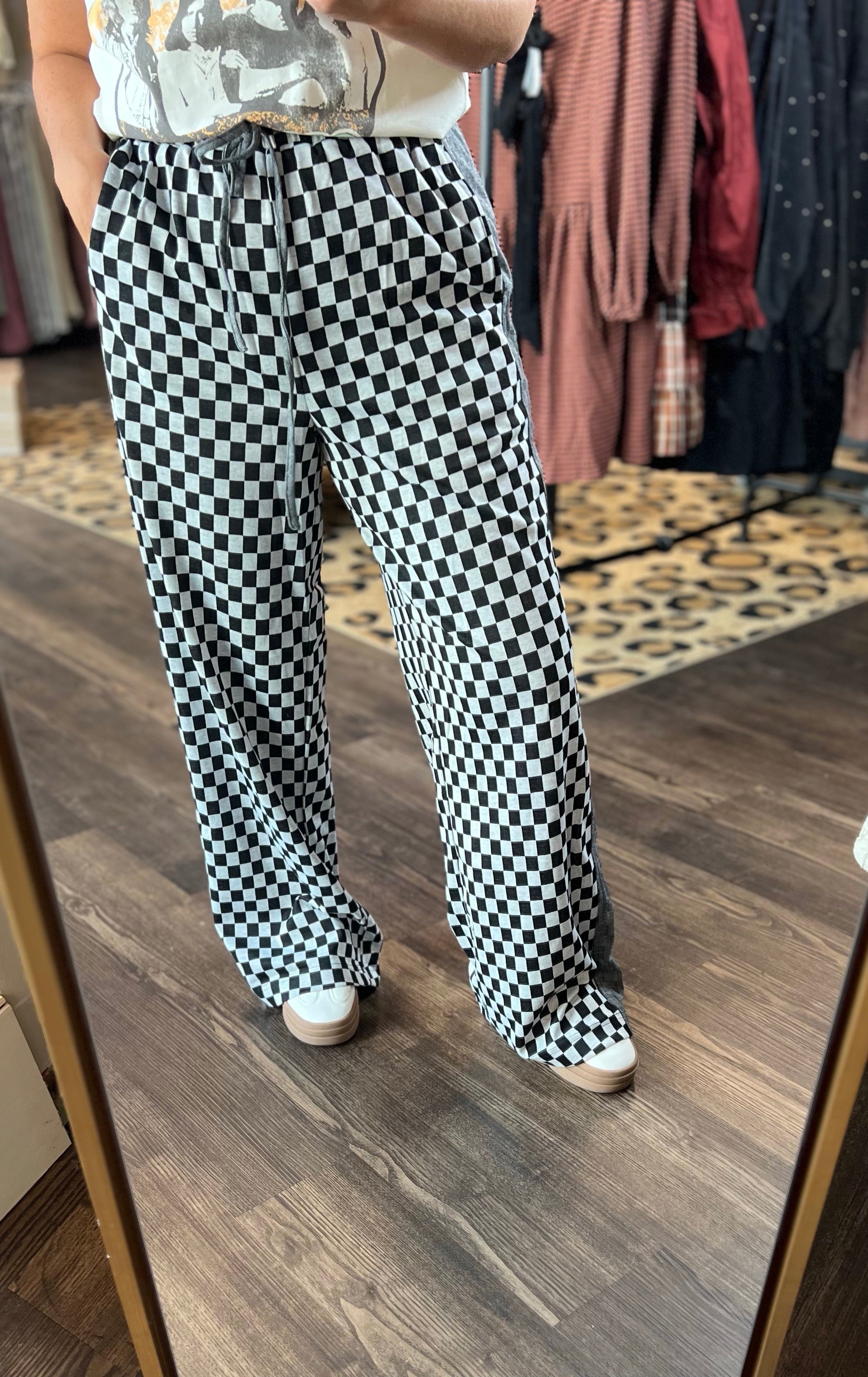 Checkered board Side Panel Wide Leg Pants