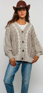 Load image into Gallery viewer, Kori America~ Two Tone Cable Chunkysweater Cardigan
