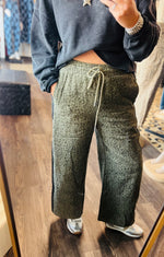 Load image into Gallery viewer, Stripe Trim Dusty Olive Leopard Pant
