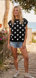 Load image into Gallery viewer, Sewn and Seen ~ Game-day Polka Dot Sleeveless Knit Top
