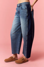 Load image into Gallery viewer, Color Block Washed Barrel Denim
