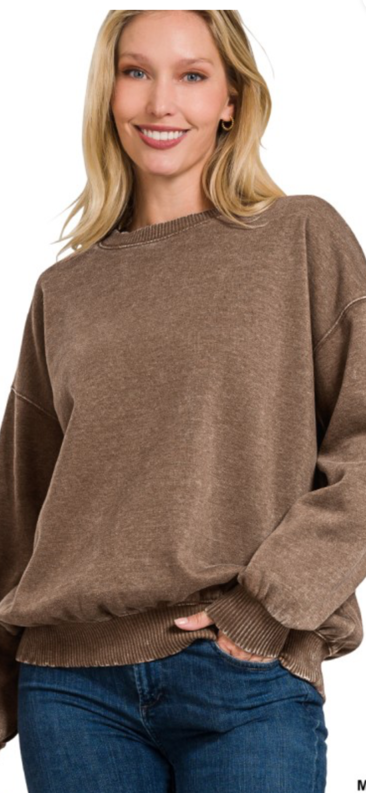 Zenana Mocha Acid Wash Pullover