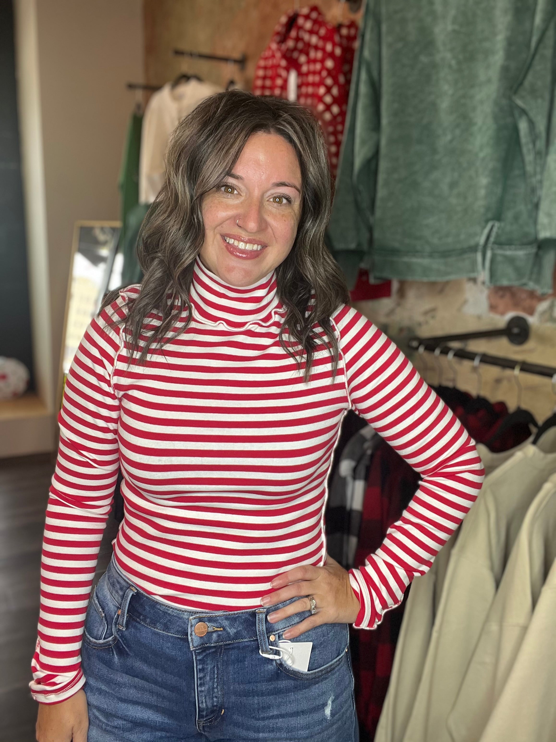 Red and White Striped Mock Neck W/ detail Seams