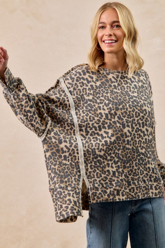 Leopard Print Oversized Waffle Thermal Top