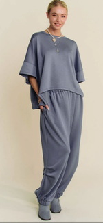 Load image into Gallery viewer, DAVI &amp;DANI SOLID FLOWY TOP WITH ELASTIC WAIST BAND
2 pc PANTS SET ~ BUTTER SOFT WASHED DENIM BLUE
