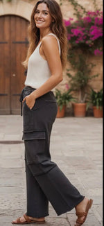 Load image into Gallery viewer, Sewn &amp; Seen ~ Mineral Washed Terry Cargo Pants Colors: Red, Black or Taupe
