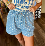 Load image into Gallery viewer, High Rise Paper Bag Polka Dot Denim Shorts
