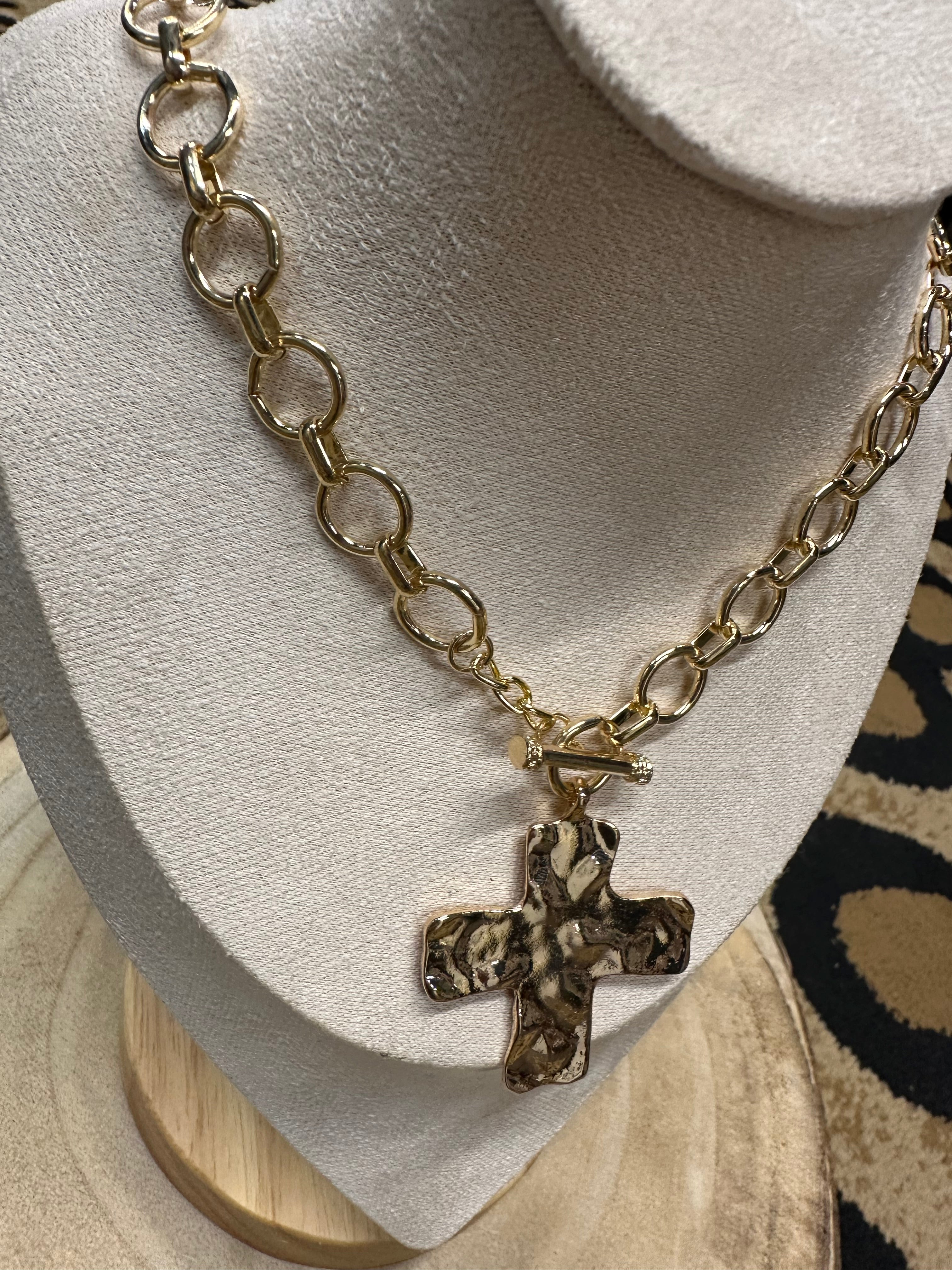 Hammered Cross Front Toggle Necklace