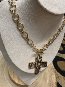 Hammered Cross Front Toggle Necklace