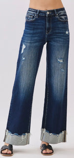 Load image into Gallery viewer, Petra153 ~ High Rise Stretch Wide
Leg w/ Cuffed Hem Jeans
