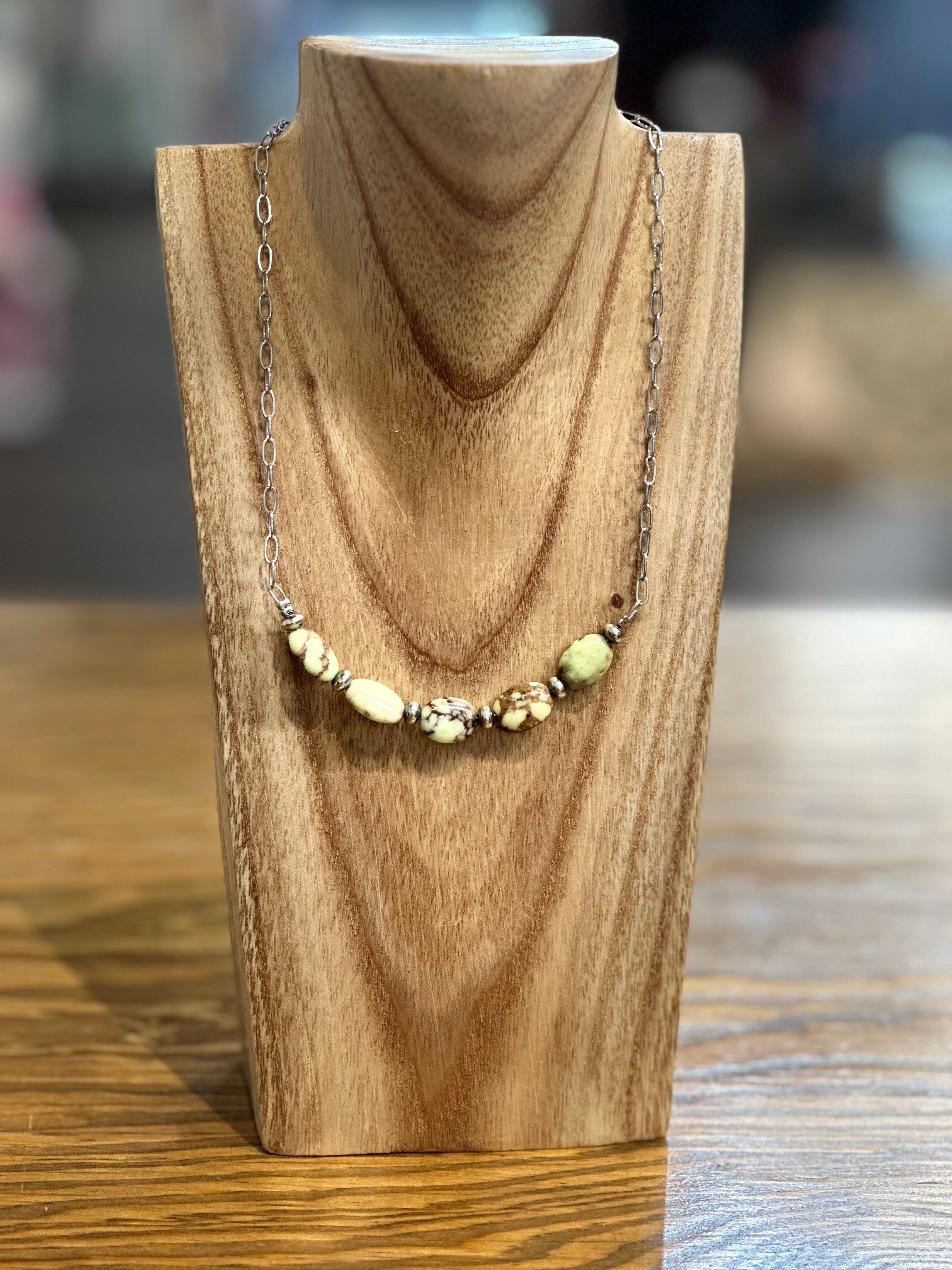 15-Inch Lemon Turquoise & Sterling Saucer Pearl Necklace on Paperclip Chain