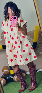 Load image into Gallery viewer, Sewn and Seen ~ Crimson &amp; Cream Polka Dot Button Down Pleated Poplin Mini Dress

