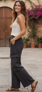 Load image into Gallery viewer, Sewn &amp; Seen ~ Mineral Washed Terry Cargo Pants Colors: Red, Black or Taupe
