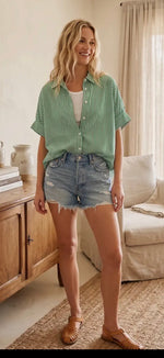 Load image into Gallery viewer, Sewn and Seen ~ Oversized Short Sleeve Button
Down Shirt
