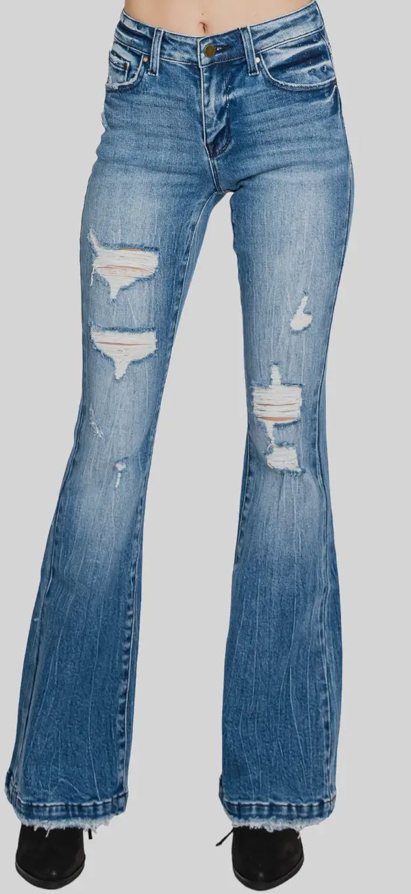 PETRA 153 ~ Petite Distressed Mid
Rise Stretch Flare Jean