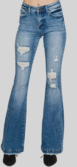 Load image into Gallery viewer, PETRA 153 ~ Petite Distressed Mid
Rise Stretch Flare Jean

