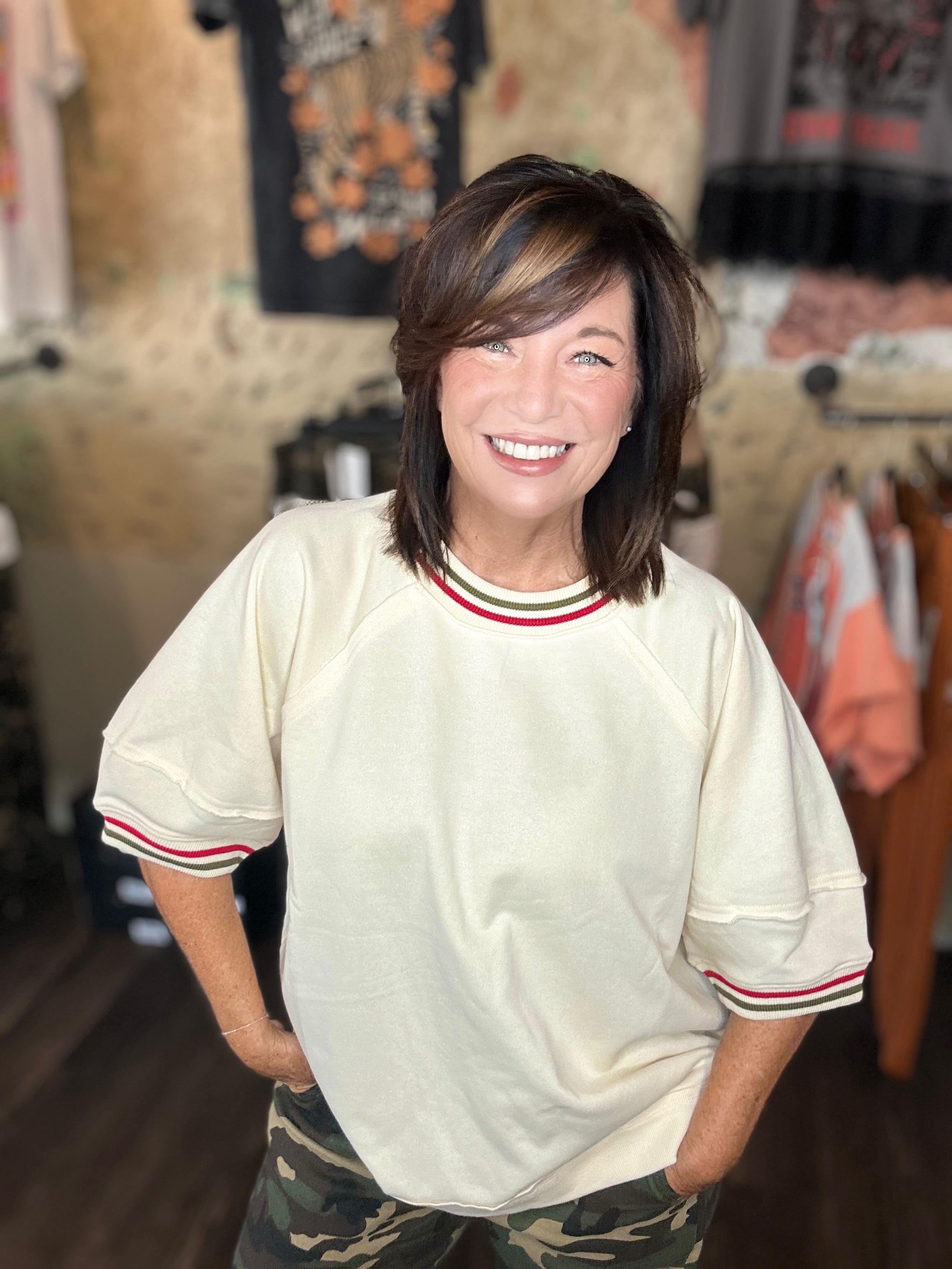 Ecru Top with olive/red stripe detail