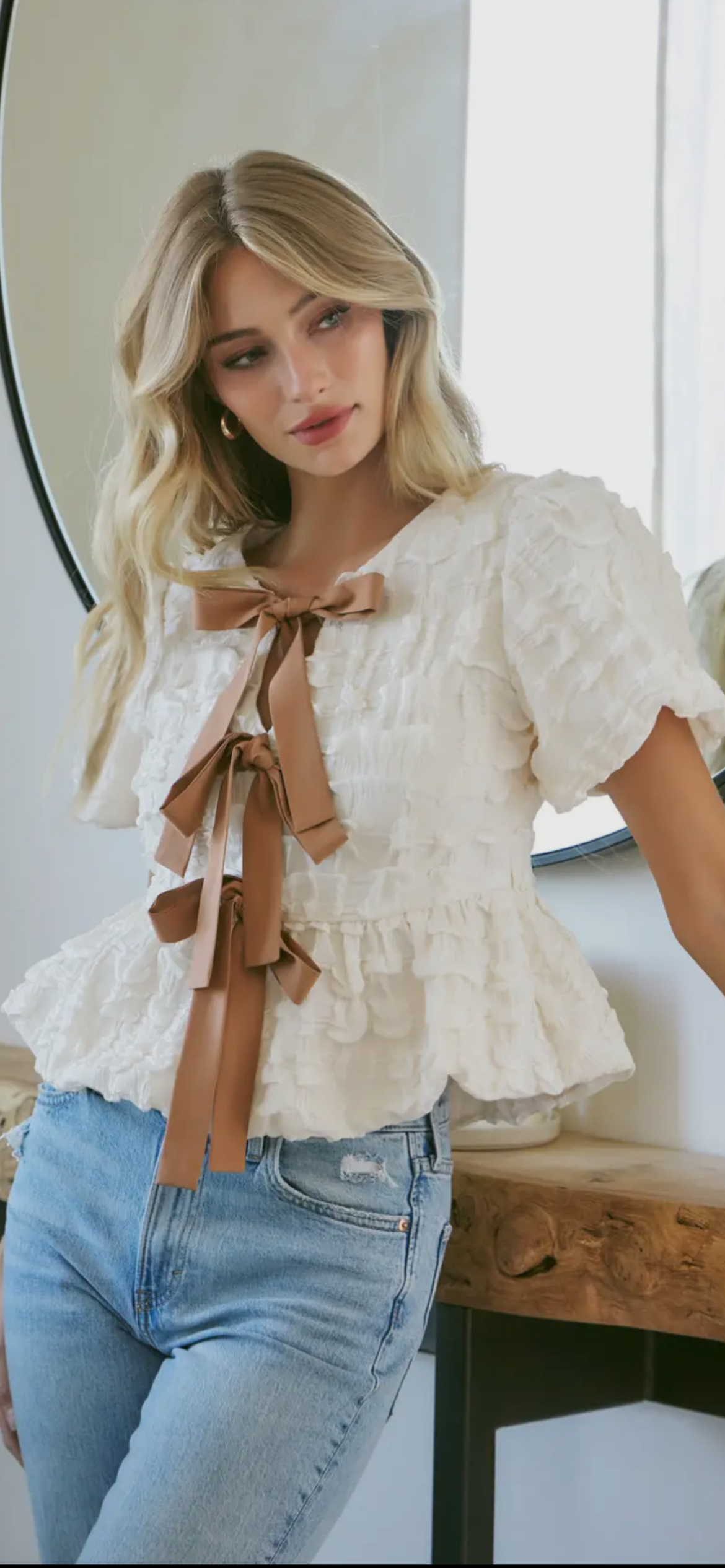 Dem Ditto Ivory Bubble Babydoll Blouse with Contrast Bow