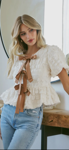 Dem Ditto Ivory Bubble Babydoll Blouse with Contrast Bow