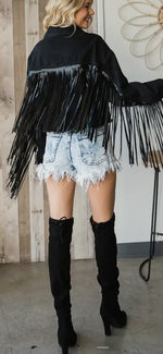 Load image into Gallery viewer, Faux Leather Fringe Cropped
Denim Jacket
