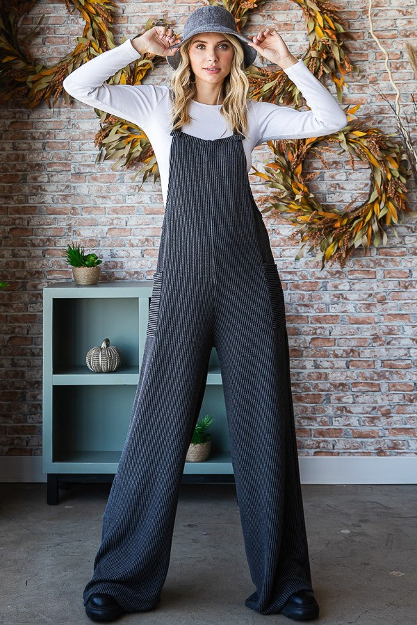 Solid Rib Overall Jumpsuit/Charcoal