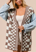 Load image into Gallery viewer, Gingham and Washed Denim Cardigan
