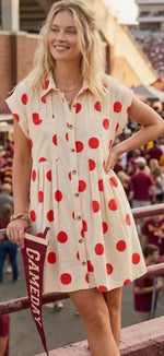 Load image into Gallery viewer, Sewn and Seen ~ Crimson &amp; Cream Polka Dot Button Down Pleated Poplin Mini Dress
