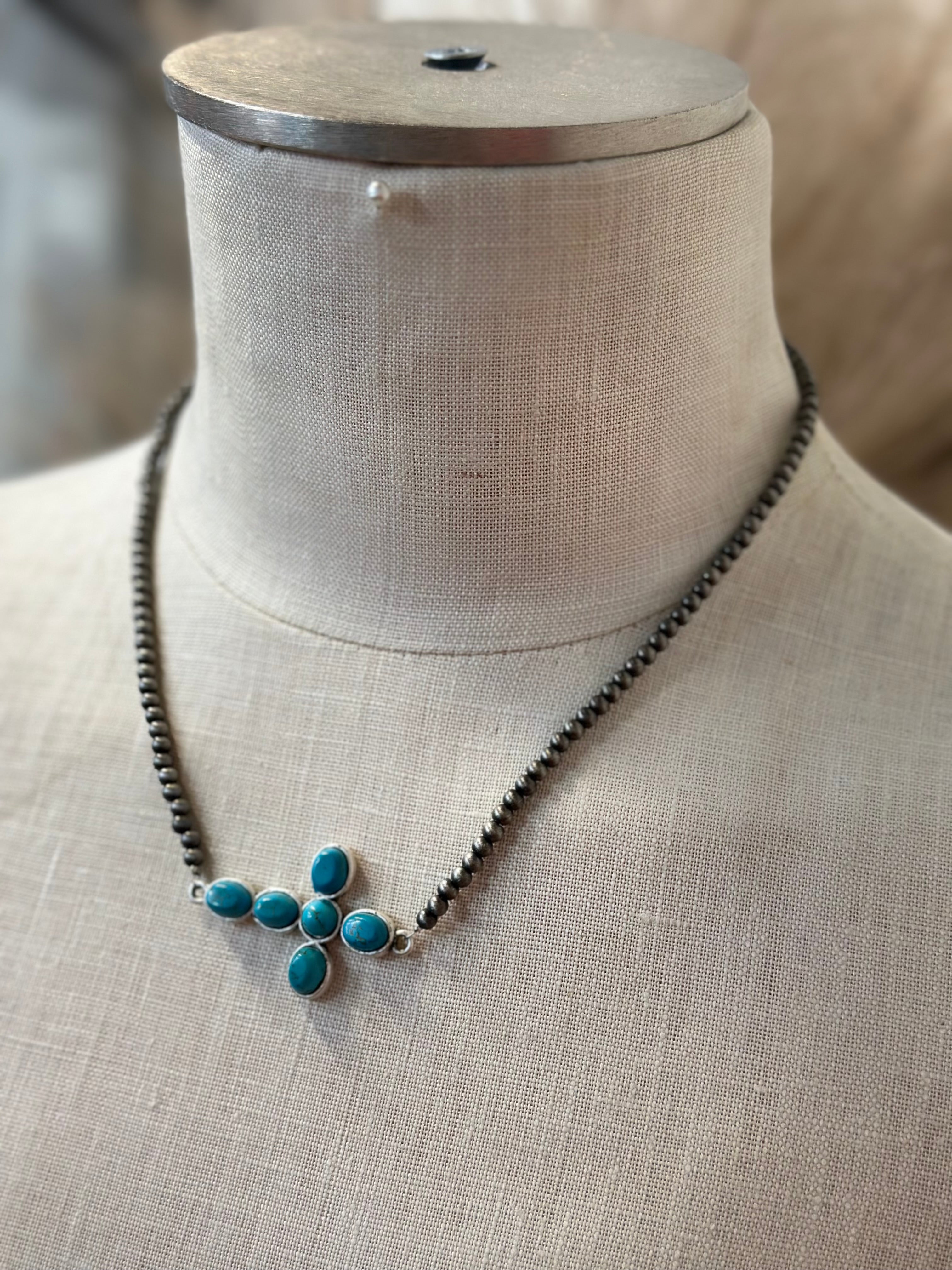 Navejo Pearl Turquoise Sideways Cross Necklace