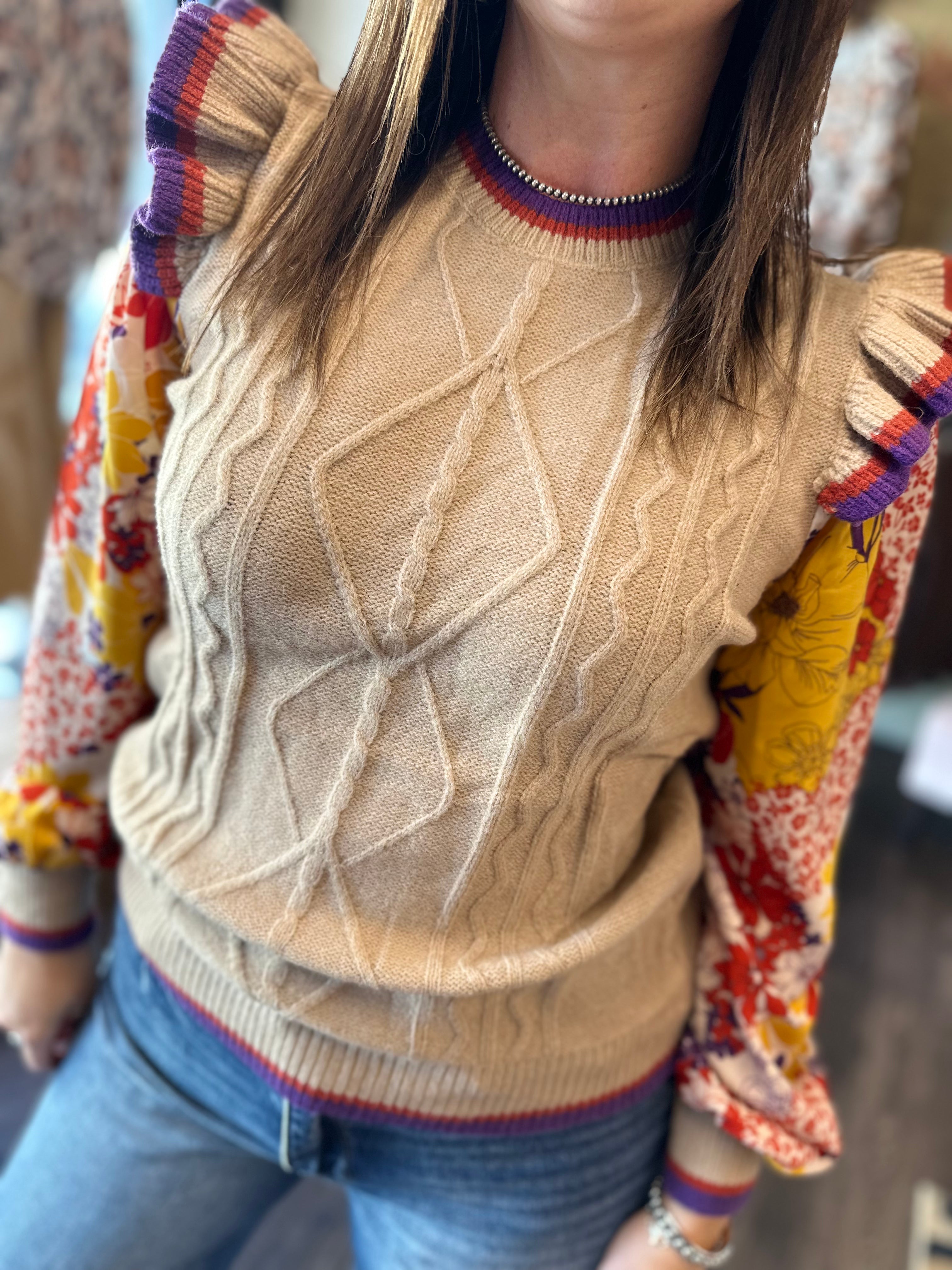 CABLE KNIT SWEATER TOP WITH WOVEN FLORAL SLEEVES