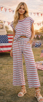 Load image into Gallery viewer, Sewn &amp; Seen ~ Red, White &amp; Blue Americana Ribbed Striped Lounge Set
