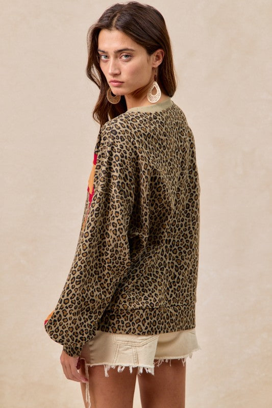 Bibi Leopard French Terry Color Block Top