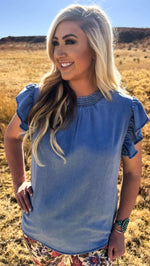 Load image into Gallery viewer, STERLING KREEK ~ BABYDOLL TOP DENIM - LIGHT WASH
