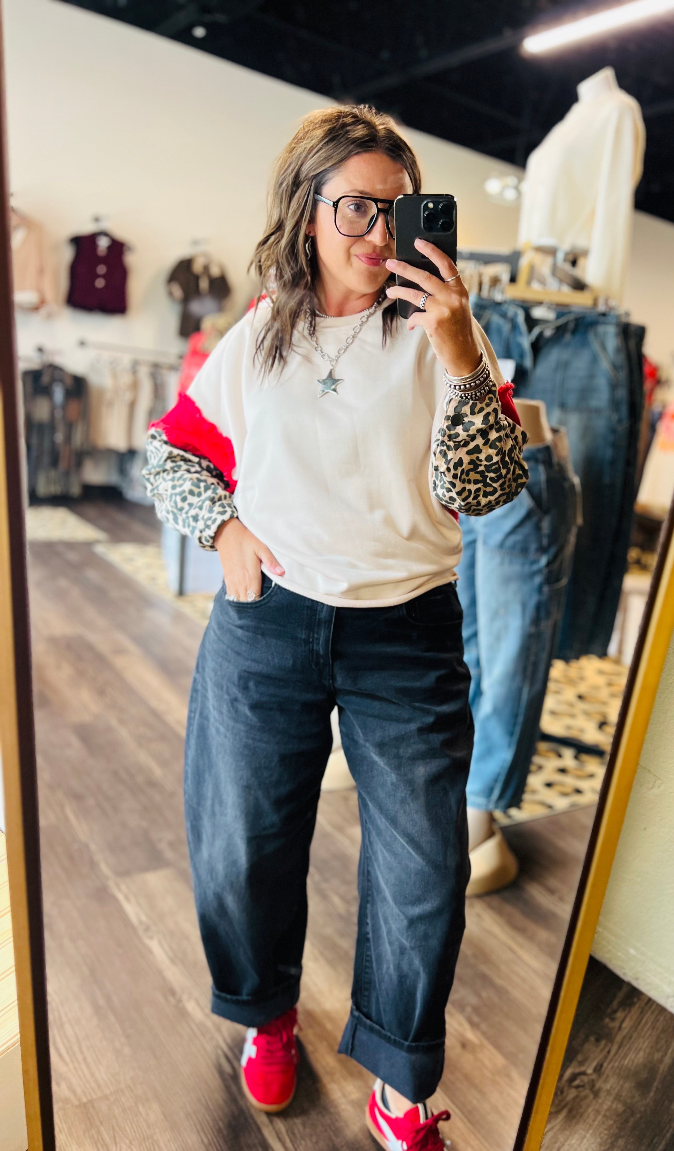 Bibi French Terry With Leopard Sleeves Top